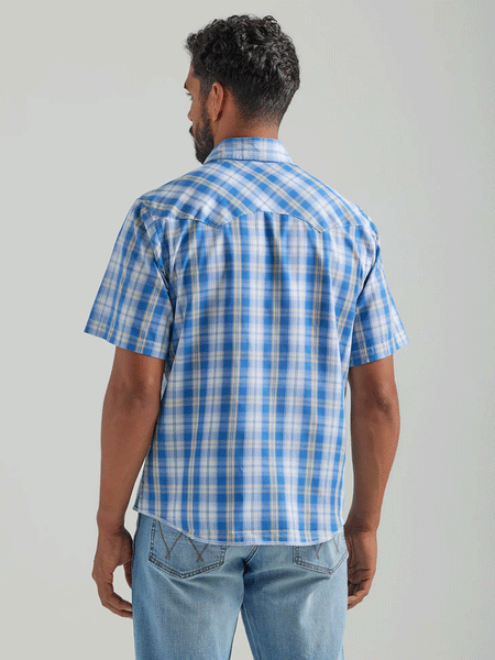 Wrangler 112324653 Mens Snap Short Sleeve Plaid Shirt Blue back view. If you need any assistance with this item or the purchase of this item please call us at five six one seven four eight eight eight zero one Monday through Saturday 10:00a.m EST to 8:00 p.m EST