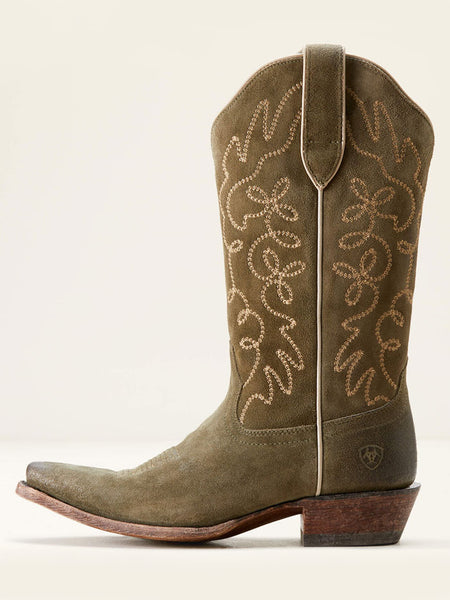 Ariat 10053792 Womens Jukebox Western Suede Boot Soft Olive side view. If you need any assistance with this item or the purchase of this item please call us at five six one seven four eight eight eight zero one Monday through Saturday 10:00a.m EST to 8:00 p.m EST

