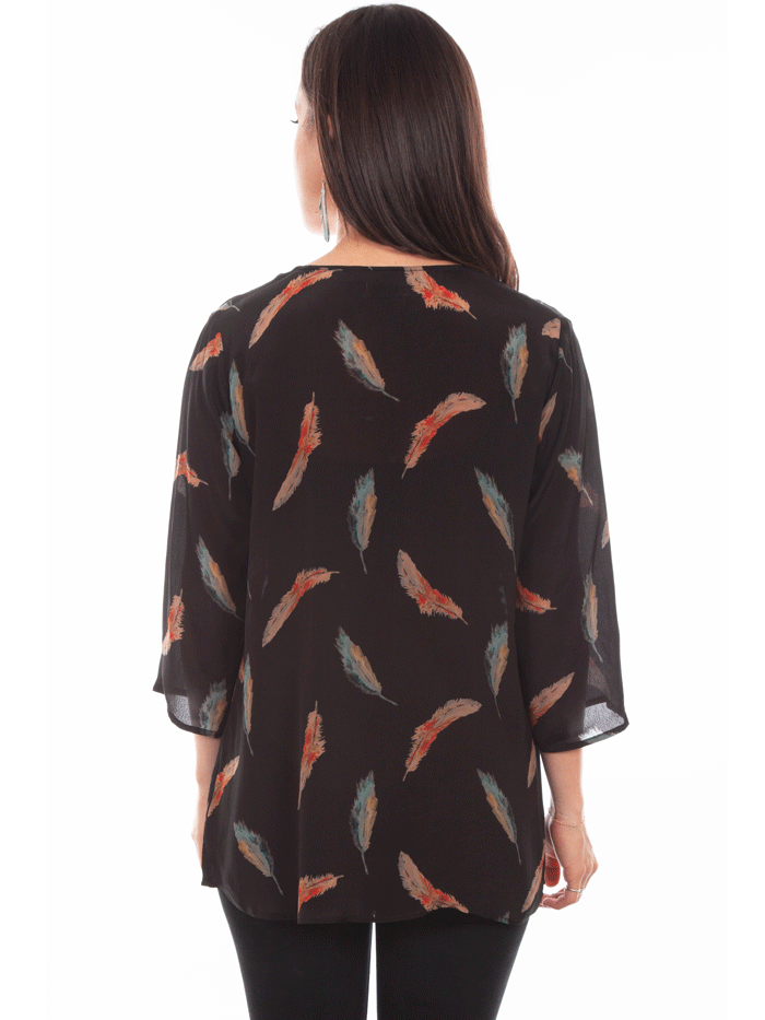 Scully HC801-BLK Womens Feather Print Blouse Black front view. If you need any assistance with this item or the purchase of this item please call us at five six one seven four eight eight eight zero one Monday through Saturday 10:00a.m EST to 8:00 p.m EST