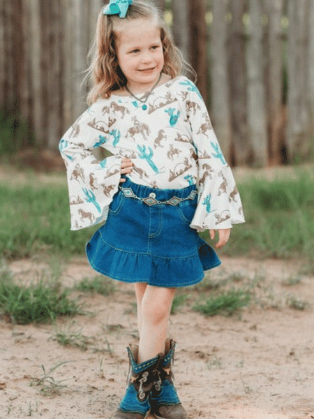 Shea Baby SBD01 Kids Ruffle Denim Skirt Blue front view on little girl