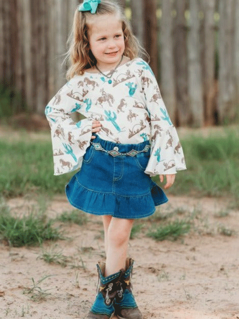 Shea Baby SBD01 Kids Ruffle Denim Skirt Blue front view on little girl