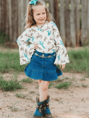 Shea Baby SBD01 Kids Ruffle Denim Skirt Blue front view on little girl