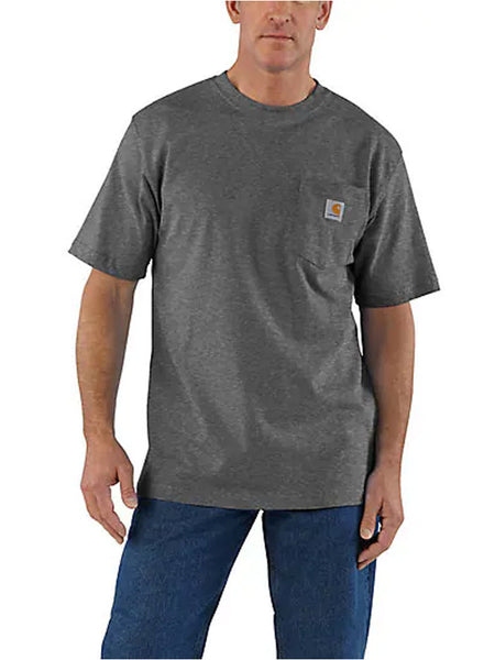 Carhartt K87-CRH Mens Loose Fit Heavyweight Short-Sleeve Pocket T-Shirt Carbon Heather front view. If you need any assistance with this item or the purchase of this item please call us at five six one seven four eight eight eight zero one Monday through Saturday 10:00a.m EST to 8:00 p.m EST
