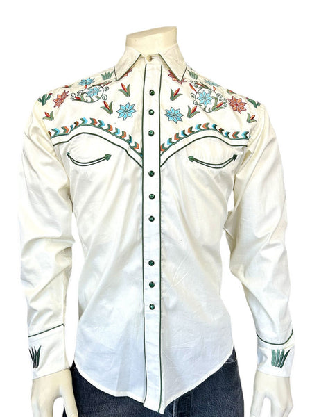 Rockmount 6865-IVO Mens Agave Cactus Floral Embroidery Western Shirt Ivory front view. If you need any assistance with this item or the purchase of this item please call us at five six one seven four eight eight eight zero one Monday through Saturday 10:00a.m EST to 8:00 p.m EST