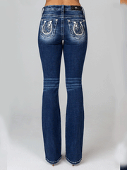Miss Me M9183B Womens Vines And Horseshoe Bootcut Jean Dark Blue full back view. If you need any assistance with this item or the purchase of this item please call us at five six one seven four eight eight eight zero one Monday through Saturday 10:00a.m EST to 8:00 p.m EST