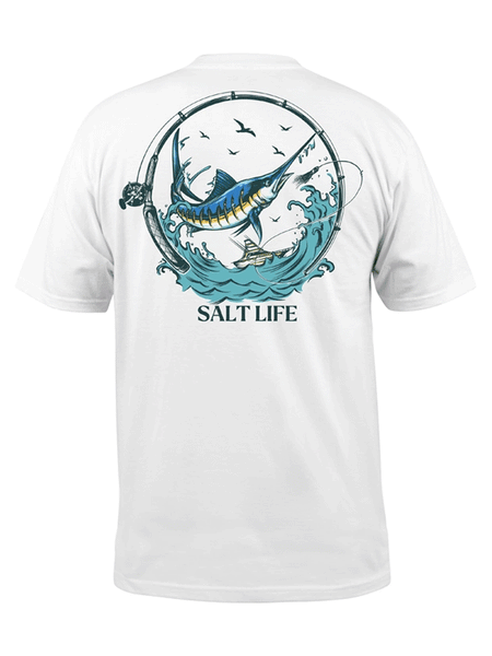 Salt Life SLM11102-WHT Mens Gettin Bent Short Sleeve Pocket Tee White back view. If you need any assistance with this item or the purchase of this item please call us at five six one seven four eight eight eight zero one Monday through Saturday 10:00a.m EST to 8:00 p.m EST