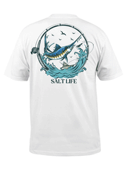 Salt Life SLM11102-WHT Mens Gettin Bent Short Sleeve Pocket Tee White back view. If you need any assistance with this item or the purchase of this item please call us at five six one seven four eight eight eight zero one Monday through Saturday 10:00a.m EST to 8:00 p.m EST