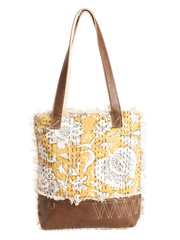 Myra Bag S-10851 Womens Prairie Leaf Mini Tote Bag Gold front. If you need any assistance with this item or the purchase of this item please call us at five six one seven four eight eight eight zero one Monday through Saturday 10:00a.m EST to 8:00 p.m EST