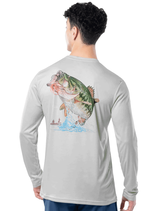 Guy Harvey GHV56926-SGH Mens Titan Bass Performance Sun Protection Top Sport Grey Heather back view. If you need any assistance with this item or the purchase of this item please call us at five six one seven four eight eight eight zero one Monday through Saturday 10:00a.m EST to 8:00 p.m EST