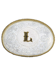 Montana Silversmiths 700 Initial Silver Engraved Gold Trim Western Belt Buckle letter L front view. If you need any assistance with this item or the purchase of this item please call us at five six one seven four eight eight eight zero one Monday through Saturday 10:00a.m EST to 8:00 p.m EST