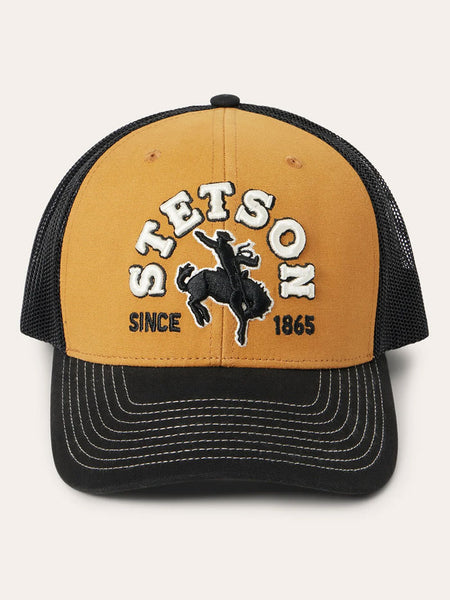 Stetson ST0092 Bronco Rider Embroidery Trucker Ball Cap Tan front view. If you need any assistance with this item or the purchase of this item please call us at five six one seven four eight eight eight zero one Monday through Saturday 10:00a.m EST to 8:00 p.m EST