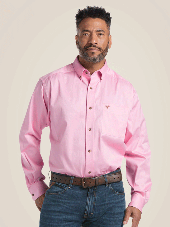 Ariat 10016692 Mens Solid Twill Classic Fit Shirt Prism Pink front view. If you need any assistance with this item or the purchase of this item please call us at five six one seven four eight eight eight zero one Monday through Saturday 10:00a.m EST to 8:00 p.m EST