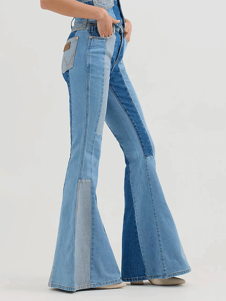 Wrangler 112360688 Womens X Lainey Wilson Patchwork Bell Bottoms Blue side. If you need any assistance with this item or the purchase of this item please call us at five six one seven four eight eight eight zero one Monday through Saturday 10:00a.m EST to 8:00 p.m EST

