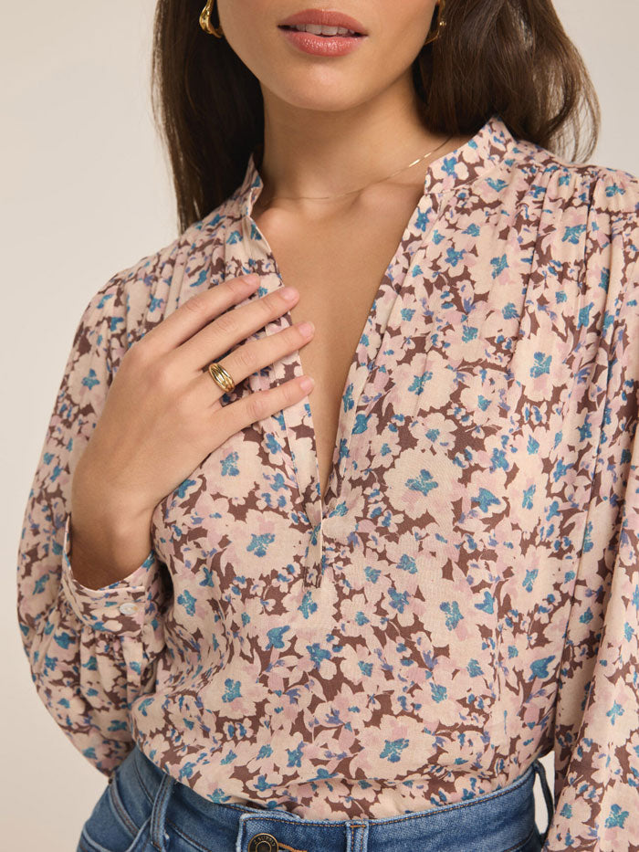 Z Supply ZT243794S Womens Esme La Paz Floral Blouse Latte front view. If you need any assistance with this item or the purchase of this item please call us at five six one seven four eight eight eight zero one Monday through Saturday 10:00a.m EST to 8:00 p.m EST
