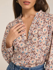 Z Supply ZT243794S Womens Esme La Paz Floral Blouse Latte close up. If you need any assistance with this item or the purchase of this item please call us at five six one seven four eight eight eight zero one Monday through Saturday 10:00a.m EST to 8:00 p.m EST