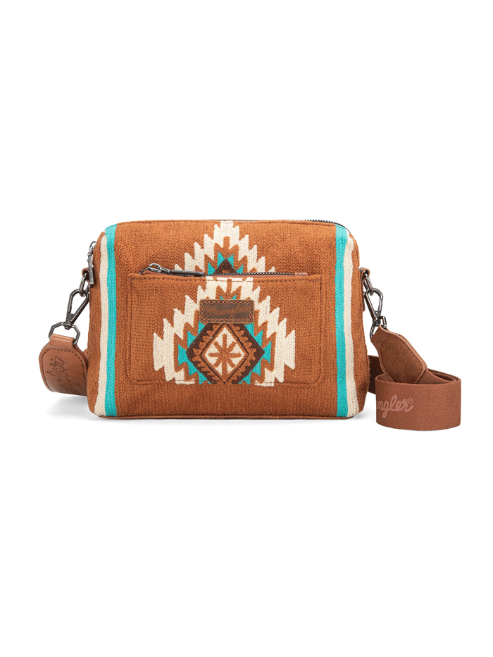 Wrangler WG174-1832BR Womens Southwestern Knitted Crossbody Bag Brown front and side view. If you need any assistance with this item or the purchase of this item please call us at five six one seven four eight eight eight zero one Monday through Saturday 10:00a.m EST to 8:00 p.m EST

