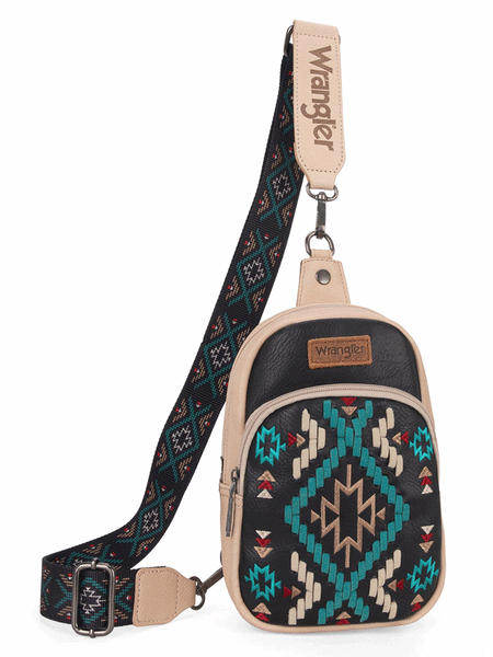 Wrangler WG2214-210BK Womens Southwestern Embroidered Sling Bag Black front. If you need any assistance with this item or the purchase of this item please call us at five six one seven four eight eight eight zero one Monday through Saturday 10:00a.m EST to 8:00 p.m EST

