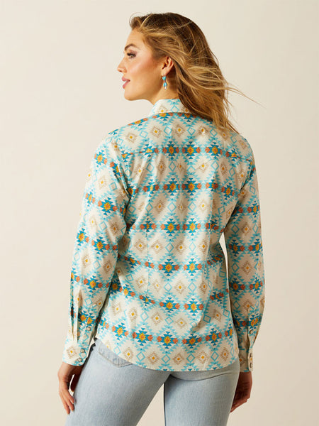 Ariat 10060382 Womens Everyday Western Snap Shirt Cayo Print Turquoise back view. If you need any assistance with this item or the purchase of this item please call us at five six one seven four eight eight eight zero one Monday through Saturday 10:00a.m EST to 8:00 p.m EST