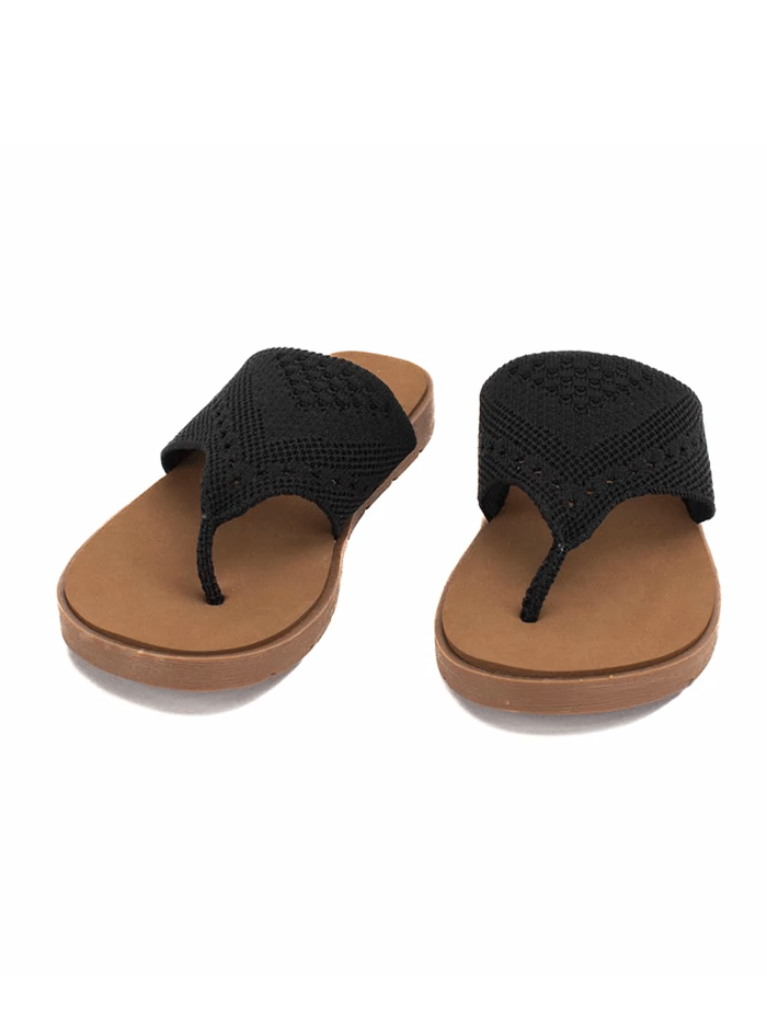Yellow Box 53994 Womens Feria Flip Flop Sandals Black side and front view. If you need any assistance with this item or the purchase of this item please call us at five six one seven four eight eight eight zero one Monday through Saturday 10:00a.m EST to 8:00 p.m EST