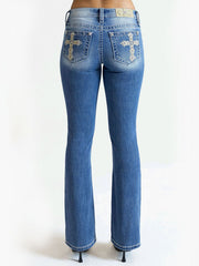 Miss Me M9358BV Womens Cross Mid Rise Boot Jean Medium Blue back view. If you need any assistance with this item or the purchase of this item please call us at five six one seven four eight eight eight zero one Monday through Saturday 10:00a.m EST to 8:00 p.m EST