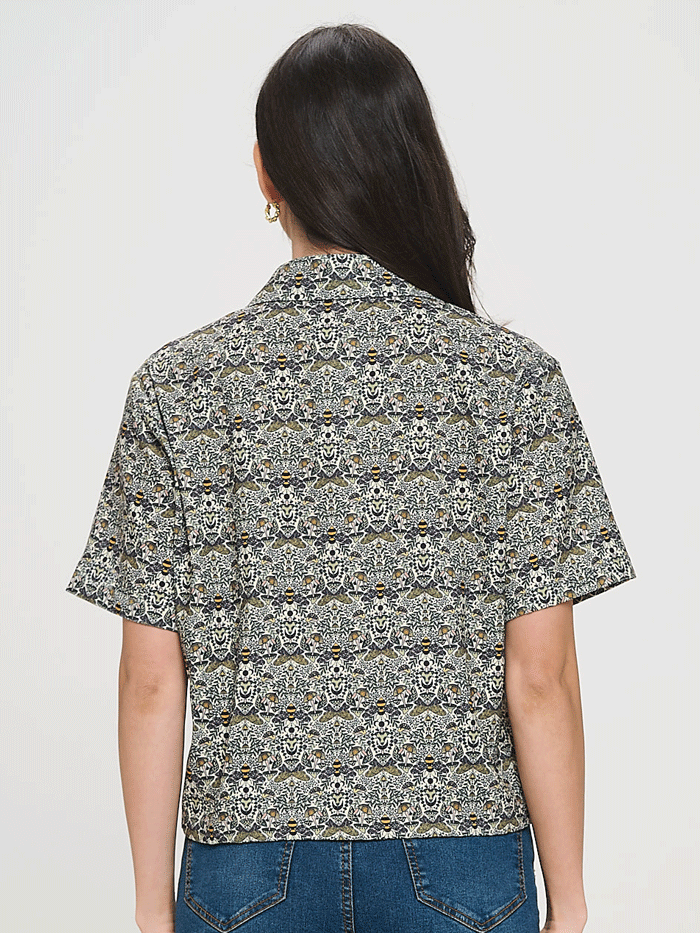 SM Wardrobe SM2545 Womens Bee Mushroom Print Short Sleeve Shirt Olive front view. If you need any assistance with this item or the purchase of this item please call us at five six one seven four eight eight eight zero one Monday through Saturday 10:00a.m EST to 8:00 p.m EST