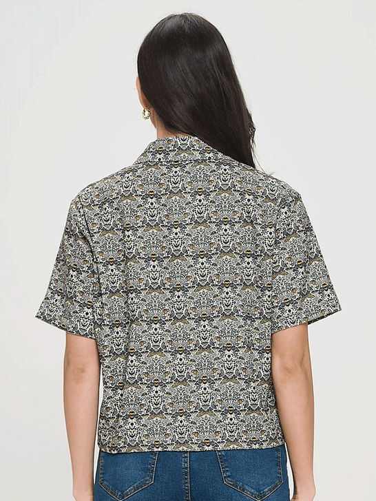 SM Wardrobe SM2545 Womens Bee Mushroom Print Short Sleeve Shirt Olive back view. If you need any assistance with this item or the purchase of this item please call us at five six one seven four eight eight eight zero one Monday through Saturday 10:00a.m EST to 8:00 p.m EST