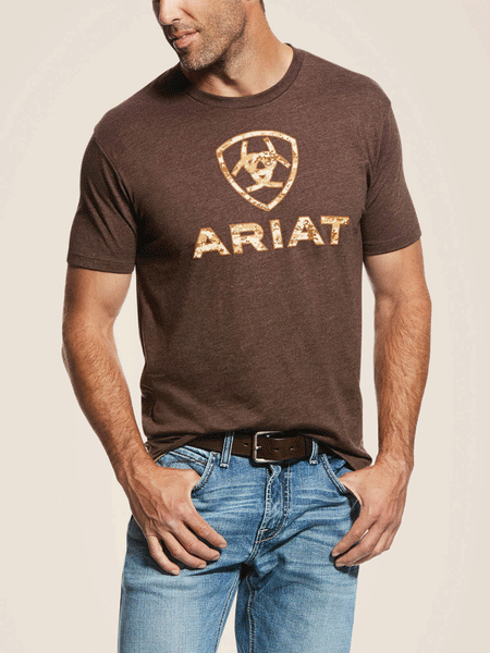 Ariat 10027515 Mens Liberty USA T-Shirt Brown Heather front view. If you need any assistance with this item or the purchase of this item please call us at five six one seven four eight eight eight zero one Monday through Saturday 10:00a.m EST to 8:00 p.m EST
