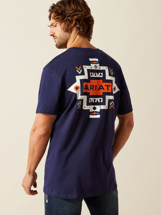 Ariat 10054844 Mens Southwest Pocket T-Shirt Classic Blue Navy back view. If you need any assistance with this item or the purchase of this item please call us at five six one seven four eight eight eight zero one Monday through Saturday 10:00a.m EST to 8:00 p.m EST