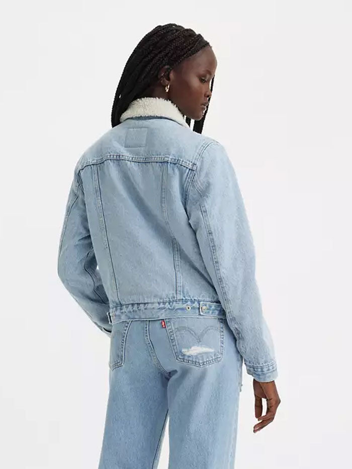 Levis 361360071 Womens Original Sherpa Trucker Jacket Medium Wash front view. If you need any assistance with this item or the purchase of this item please call us at five six one seven four eight eight eight zero one Monday through Saturday 10:00a.m EST to 8:00 p.m EST