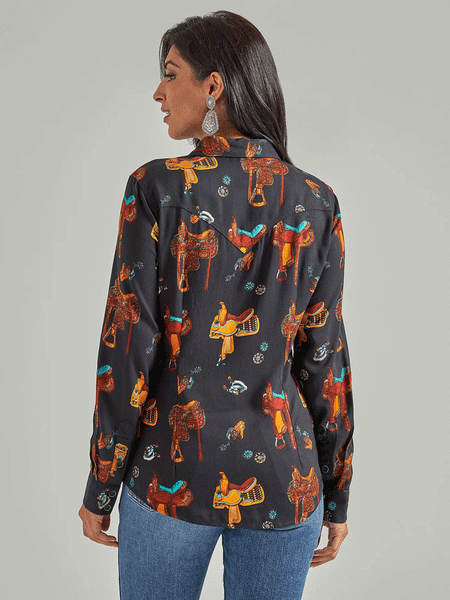 Wrangler 112339549 Womens Retro Saddle Up Western Shirt Black back view. If you need any assistance with this item or the purchase of this item please call us at five six one seven four eight eight eight zero one Monday through Saturday 10:00a.m EST to 8:00 p.m EST
