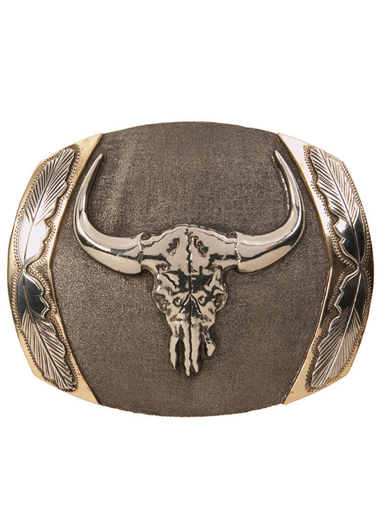 AndWest HC5002 Big Horn Longhorn Skull with Feathers Buckle Antique Gold And Silver front view. If you need any assistance with this item or the purchase of this item please call us at five six one seven four eight eight eight zero one Monday through Saturday 10:00a.m EST to 8:00 p.m EST