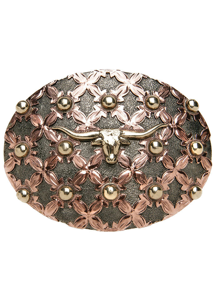AndWest HC510-L Del Rio Basket Weave Longhorn Buckle Antique Brass Copper And Silver front view. If you need any assistance with this item or the purchase of this item please call us at five six one seven four eight eight eight zero one Monday through Saturday 10:00a.m EST to 8:00 p.m EST