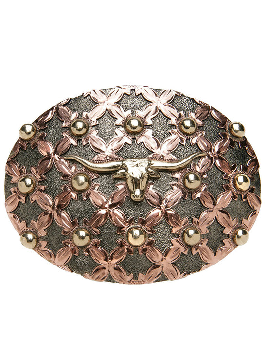 AndWest HC510-L Del Rio Basket Weave Longhorn Buckle Antique Brass Copper And Silver front view. If you need any assistance with this item or the purchase of this item please call us at five six one seven four eight eight eight zero one Monday through Saturday 10:00a.m EST to 8:00 p.m EST