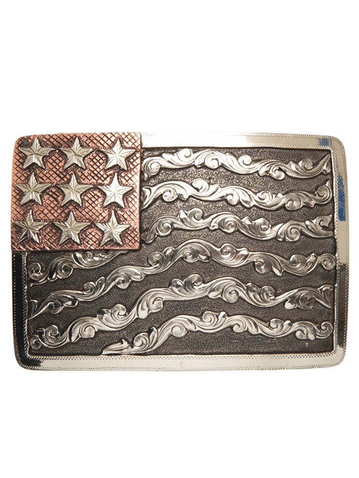 AndWest HC574 Denali Scrolled Waving American Flag Buckle Antique Copper And Silver front view. If you need any assistance with this item or the purchase of this item please call us at five six one seven four eight eight eight zero one Monday through Saturday 10:00a.m EST to 8:00 p.m EST