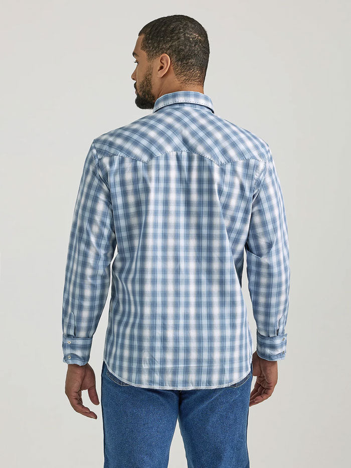 Wrangler 112337982 Mens Long Sleeve Fashion Western Snap Plaid Shirt Baby Blue Plaid front view. If you need any assistance with this item or the purchase of this item please call us at five six one seven four eight eight eight zero one Monday through Saturday 10:00a.m EST to 8:00 p.m EST