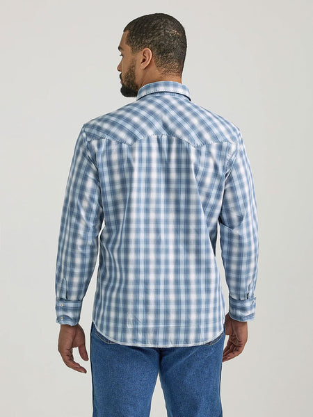 Wrangler 112337982 Mens Long Sleeve Fashion Western Snap Plaid Shirt Baby Blue Plaid back view. If you need any assistance with this item or the purchase of this item please call us at five six one seven four eight eight eight zero one Monday through Saturday 10:00a.m EST to 8:00 p.m EST