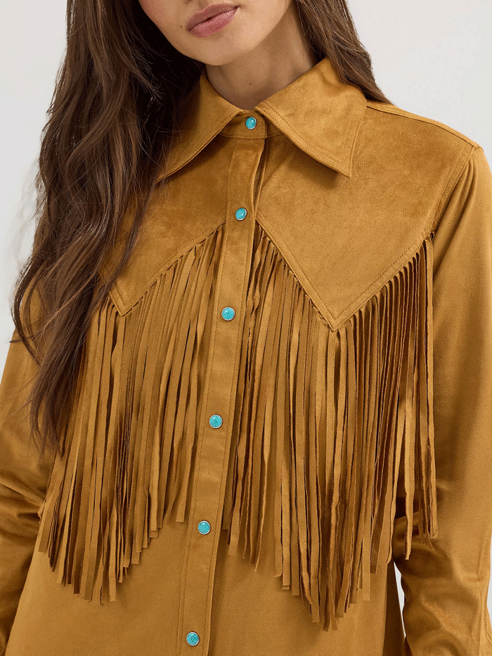 Wrangler 112360615 Womens X Lainey Wilson Fringe Snap Shirt Bronze front. If you need any assistance with this item or the purchase of this item please call us at five six one seven four eight eight eight zero one Monday through Saturday 10:00a.m EST to 8:00 p.m EST