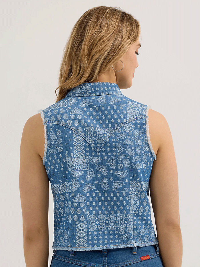 Wrangler 112365054 Womens Bandana Print Crop Western Snap Tank Denim front view. If you need any assistance with this item or the purchase of this item please call us at five six one seven four eight eight eight zero one Monday through Saturday 10:00a.m EST to 8:00 p.m EST