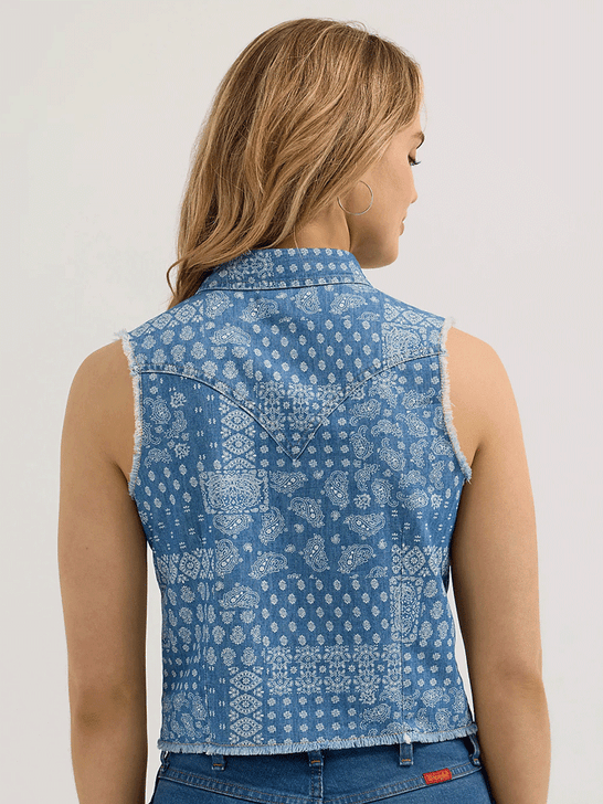 Wrangler 112365054 Womens Bandana Print Crop Western Snap Tank Denim back view. If you need any assistance with this item or the purchase of this item please call us at five six one seven four eight eight eight zero one Monday through Saturday 10:00a.m EST to 8:00 p.m EST