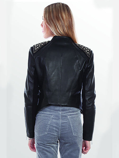 Scully L1064-11 Womens Suede Fringe & Studded Leather Jacket Black back view. If you need any assistance with this item or the purchase of this item please call us at five six one seven four eight eight eight zero one Monday through Saturday 10:00a.m EST to 8:00 p.m EST
