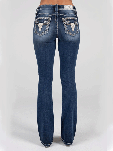 Miss Me M9241B Womens Mid-Rise Longhorn Bootcut Jean Dark Blue back view. If you need any assistance with this item or the purchase of this item please call us at five six one seven four eight eight eight zero one Monday through Saturday 10:00a.m EST to 8:00 p.m EST