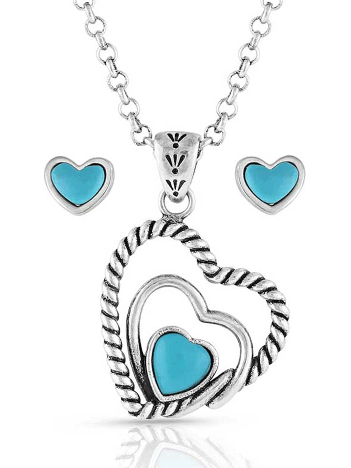 Montana Silversmiths JS5179 Womens Clearer Ponds Turquoise Heart Jewelry Set Silver front view. If you need any assistance with this item or the purchase of this item please call us at five six one seven four eight eight eight zero one Monday through Saturday 10:00a.m EST to 8:00 p.m EST