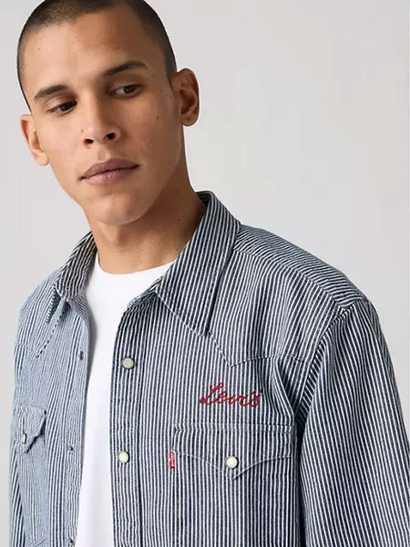 Levis 857450236 Mens Classic Standard Fit Western Shirt Roadtrip Stripes - Medium Wash close up. If you need any assistance with this item or the purchase of this item please call us at five six one seven four eight eight eight zero one Monday through Saturday 10:00a.m EST to 8:00 p.m EST