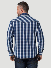 Wrangler 112330787 Mens Retro Premium Long Sleeve Plaid Shirt Indigo back view. If you need any assistance with this item or the purchase of this item please call us at five six one seven four eight eight eight zero one Monday through Saturday 10:00a.m EST to 8:00 p.m EST