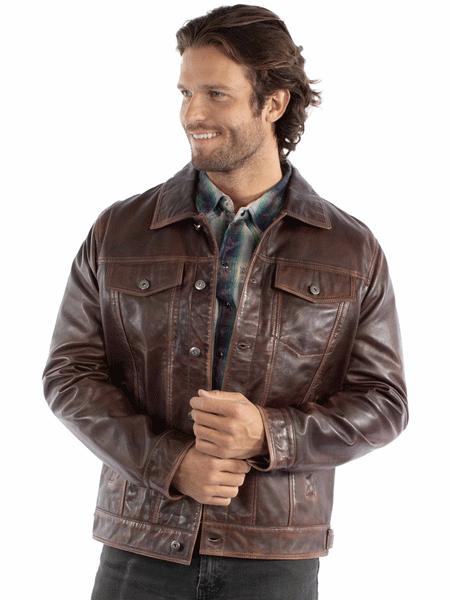 Scully 1055-116 Mens Leather Jean Jacket Cognac Dark Brown front view. If you need any assistance with this item or the purchase of this item please call us at five six one seven four eight eight eight zero one Monday through Saturday 10:00a.m EST to 8:00 p.m EST

