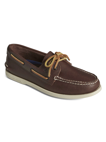 Sperry 0195115 Mens Authentic Original  Boat Shoe Classic Brown front and side view. If you need any assistance with this item or the purchase of this item please call us at five six one seven four eight eight eight zero one Monday through Saturday 10:00a.m EST to 8:00 p.m EST