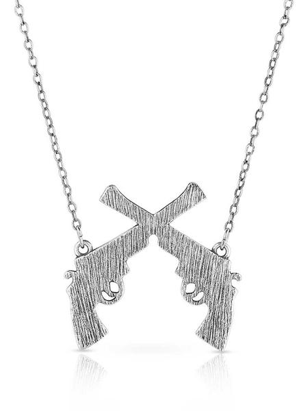 Montana Silversmiths NC5879 Womens Crossed Pistols Pendant Necklace Silver back view. If you need any assistance with this item or the purchase of this item please call us at five six one seven four eight eight eight zero one Monday through Saturday 10:00a.m EST to 8:00 p.m EST