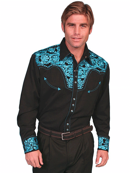 Scully P-634-TUR Mens Floral Tooled Embroidery Western Shirt Turquoise front view. If you need any assistance with this item or the purchase of this item please call us at five six one seven four eight eight eight zero one Monday through Saturday 10:00a.m EST to 8:00 p.m EST