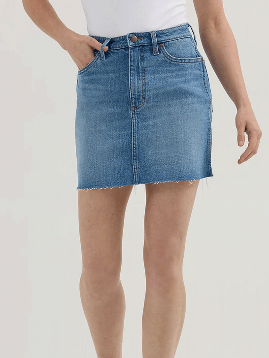 Wrangler 112364627 Womens Retro Bailey Denim Skirt River Blue front view. If you need any assistance with this item or the purchase of this item please call us at five six one seven four eight eight eight zero one Monday through Saturday 10:00a.m EST to 8:00 p.m EST

