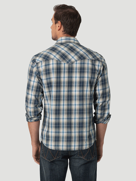 Wrangler 112327793 Mens Retro Premium Long Sleeve Plaid Shirt Deep Indigo back view. If you need any assistance with this item or the purchase of this item please call us at five six one seven four eight eight eight zero one Monday through Saturday 10:00a.m EST to 8:00 p.m EST